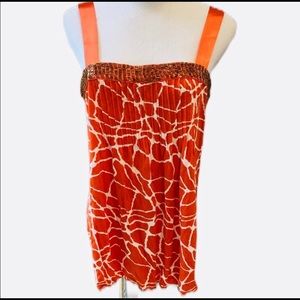 INC Orange White Giraffe Print Embellished Tank Top M Blouse Bling Animal Print